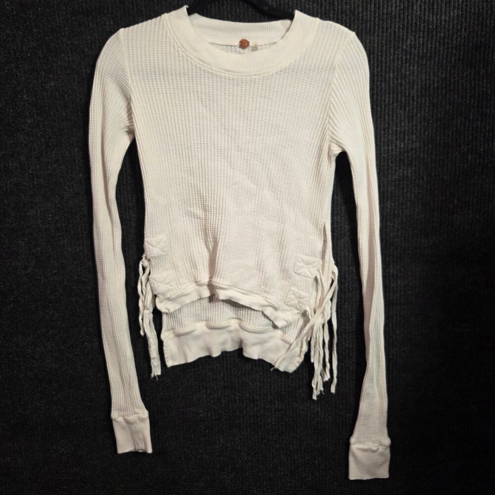 People FP One Ivory Waffle Knit Side Tie Lace Up Long Sleeve Top Small